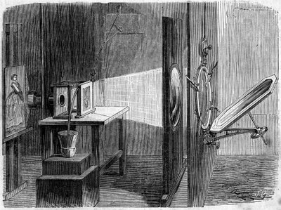 Porta di luce applicata alla fotografia inventata da Edouard Delessert (1828-1898). Lo specchio riflette i raggi del sole e li restituisce a una lente che li riunisce in un fascio per farli convergere su un cliché la cui immagine, riprodotta da una macchin da French School