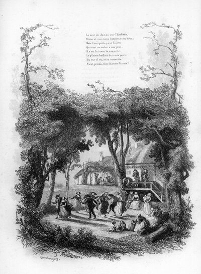 Canzone di Lisette. Festa e ballo in un villaggio di campagna. Incisione in "Canti e canzoni popolari della Francia", Volume 2 da French School