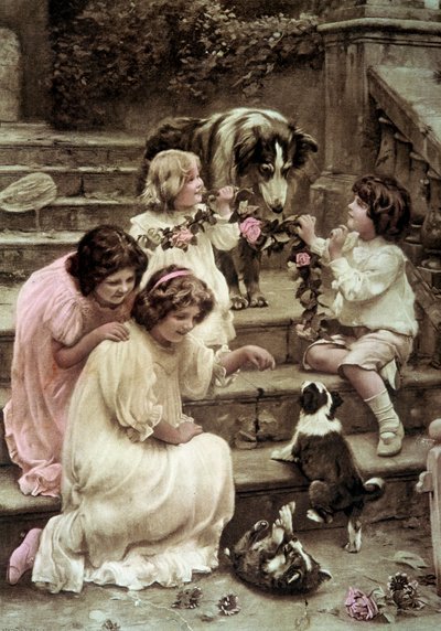 Bambini che giocano con i cani (cartolina colorata, inizio XX secolo) da French School