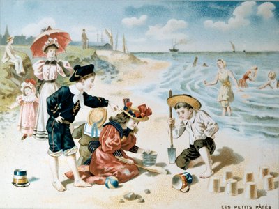 Piccola pasta: bambini giocano sulla spiaggia con la sabbia. Illustrazione dell