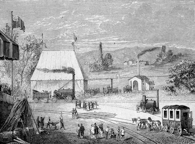 Competizione di locomotive tenuta a Liverpool, ottobre 1829 - in "Album della Scienza; illustri studiosi; Grandi scoperte" 1896. da French School