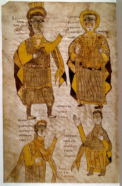 Re Lodhanri degli Alamanni circonda un vescovo, un duca e un conte. Manoscritto Breviario di Alarico e altri testi giuridici, Francia, Valle della Loira, 803-814. Parigi, B N da French School