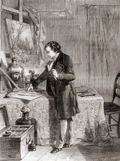 Louis-Jacques-Mandé Daguerre che inventa il processo fotografico del dagherrotipo nel XIX secolo, da 