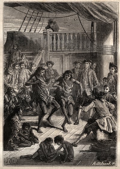 Louis Antoine, Conte di Bougainville (1729-1811) riceve gli abitanti della Baia Fortescue (Stretto di Magellano) sulla sua barca "La Boudeuse" nel 1768 - illustrazione da "I grandi marinai del XVIII secolo" da French School