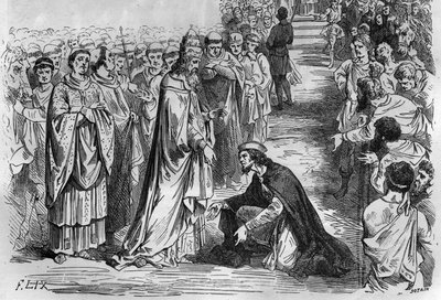 Luigi I il Pio o il Bonario (778-840) alle ginocchia di Papa Stefano V (Stefano, papa dal 896 al 897). Incisione in 