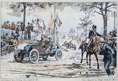 Louis Renault alla guida nella corsa Parigi-Madrid del 1903, c.1903 da French School