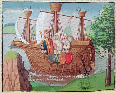 Luigi VII che si imbarca per la Terra Santa con alcuni monaci cistercensi nel 1145, miniatura da 