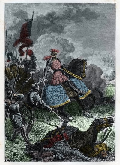 Luigi XII alla Battaglia di Agnadello vicino a Crema in Lombardia vinta dal re sui Veneziani il 14 maggio 1509 - Battaglia di Agnadello - Luigi XII di Francia sconfigge i Veneziani - incisione da 
