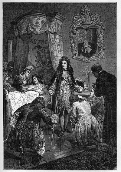Luigi XIV visita Giacomo II sul letto di morte - Incisione in 