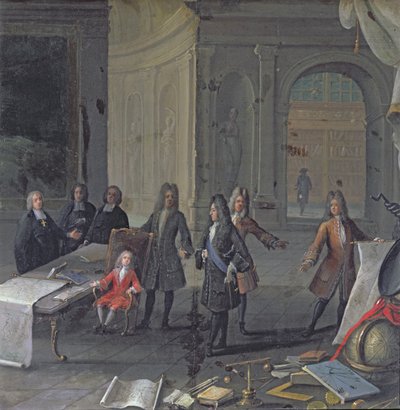 Luigi XIV assiste a una lezione del suo pronipote, il futuro Luigi XV, c.1715 da French School