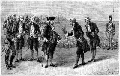Luigi XVI (1754-1793) visita il primo campo di patate nella pianura dei Sablons (attuale avenue de la Grande Armée, Parigi), Antoine Augustin Parmentier (1737-1813) gli offre fiori di patata, intorno al 1785. Incisione in "La Nature. Revue des sciences et  da French School