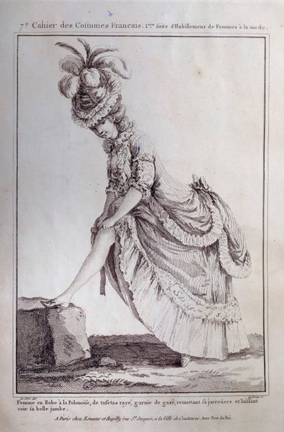 Moda di Luigi XVI: ritratto a figura intera di una giovane donna in un abito polacco in taffetà a righe. Incisione del 1778. Parigi, arti decorative da French School