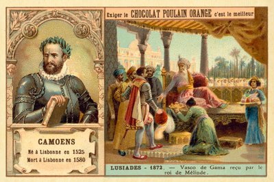 Luis de Camoes, poeta portoghese, e una scena dal suo poema I Lusiadi, che raffigura Vasco da Gama ricevuto dal re di Malindi (cromolitografia) da French School