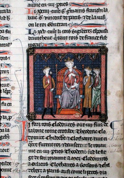 MS.782 Childeric II (c.650-675), Clodomir (c.495-524) e forse Teodorico, rappresentati sotto la protezione del Re Clotario I (c.497-561), seduti su un trono, miniatura dalle Cronache di Saint-Denis da French School