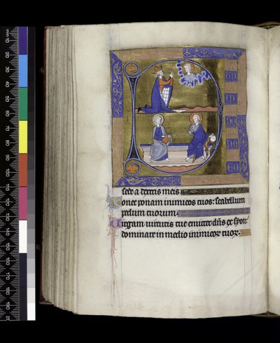 MS 300 f.125v, Davide prega Dio (sopra); Dio con globo e Cristo con libro seduti su una panca (sotto), dal Salterio e Ore di Isabella di Francia, Parigi, c.1265-70 da French School