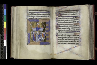 MS 300 f.177v-178r, Mattutino, Vergine e Bambino seduti tra due vasi su una panca (sopra); Tradimento di Cristo, con Giuda che bacia Cristo, e San Pietro che taglia l