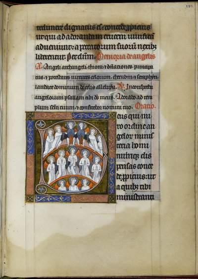 MS 300 f.199r, suffragio agli angeli, foglio dal Salterio-Ore di Isabella di Francia, c.1265-70 (penna e inchiostro, tempera e oro su pergamena) da French School