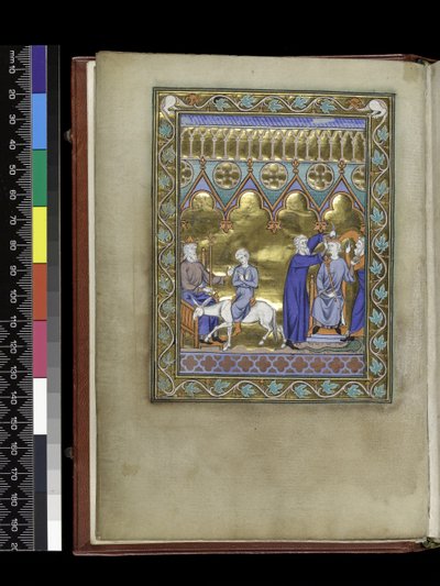 Davide, in trono, manda Salomone da Sadoc e Nathan che lo incoronano e lo ungono, dal Salterio e Ore di Isabella di Francia, Parigi, c.1265-70 da French School