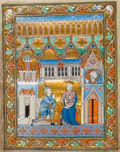 MS 300 fol.IIIv Re Davide riceve la notizia della morte di Assalonne, dal Salterio-Ore di Isabella di Francia, c.1255 da French School
