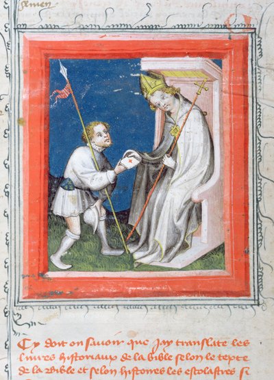 Messaggero che consegna una lettera del re di Francia a un vescovo, miniatura dalla Bibbia di Guiart des Moulins da French School