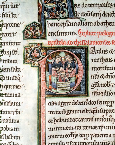 MS 3 Fol. 291v La fuga di San Paolo da Damasco, lettera iniziale illuminata P, XIII secolo, dalla Bibbia di Avranches da French School