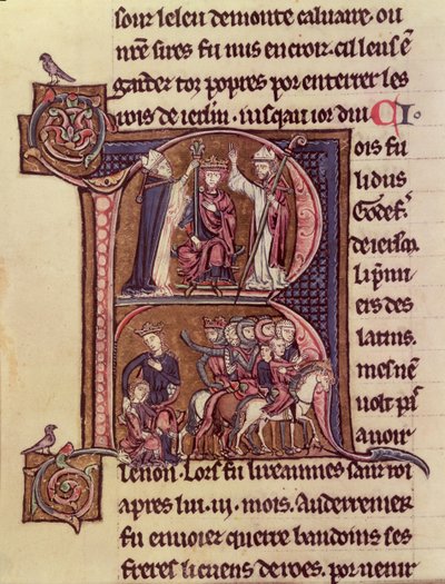 Iniziale istoriata R che raffigura il re Baldovino I delle Fiandre (1171-1205) incoronato come imperatore latino nel 1204 e la sua generosità verso una donna turca che manda via il suo bambino da French School