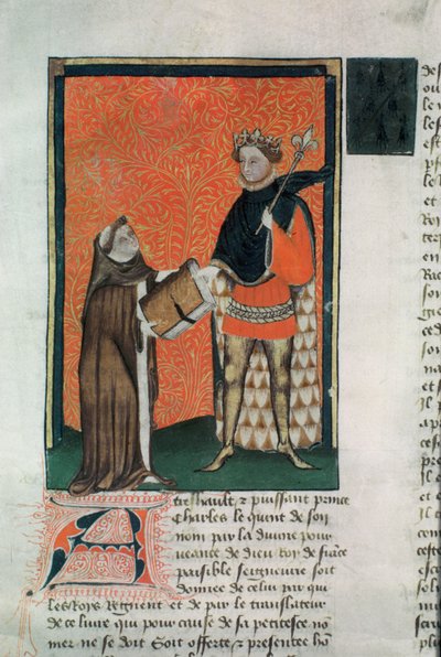 MS Hunter 8 f.9r Il traduttore Courbichon presenta il libro a Carlo V da French School