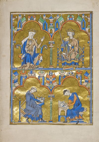 MS M.240 f.8r, Bianca di Castiglia e Re Luigi IX di Francia e sotto: Autore che detta a uno scriba, Bibbia di San Luigi (Bibbia Moralizzata), probabilmente Parigi da French School