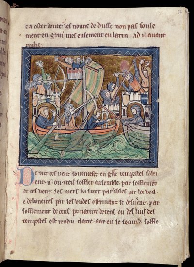 Pagina di testo con illuminazione di una battaglia navale, dal De Re Militari, c.1270 da French School