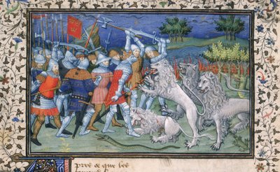 MS Royal 20 B.XX fol.50v Alessandro Magno (356-323 a.C.) combatte con leoni bianchi, da 