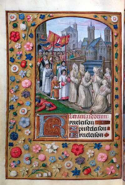 MS Vol. 137 f.136v La Processione di Papa Gregorio I (c.540-604) attraverso Roma nel 590, dalle litanie di un Libro d