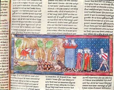 Lancillotto dimostra il suo amore per Ginevra attraversando un fiume su una spada affilata, dal Roman de Lancelot du Lac, 1344 da French School
