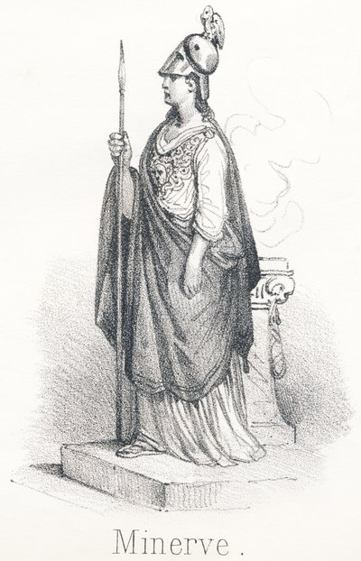 M Minerva: Dea nata dalla testa di Giove, armata con piede in mantello e lancia in mano Sotto il nome di Minerva, era dea della saggezza e sotto il nome di Pallas, era dea della guerra da French School