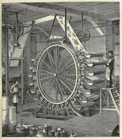Macchina per stampare carta da parati fino a venti colori, pub. 1873 incisione, 1873 da French School