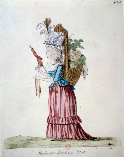 Madame dei Tre Stati. Una donna elegantemente vestita e con un cesto di frutta e verdura rappresentante i tre stati al tempo della Rivoluzione Francese da French School