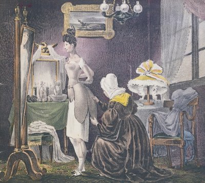 Cameriera che assiste la sua padrona a vestirsi con imbottiture per seno e glutei, c.1830 da French School