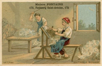 Carta commerciale Maison Fontaine, trebbiatura e cardatura da French School
