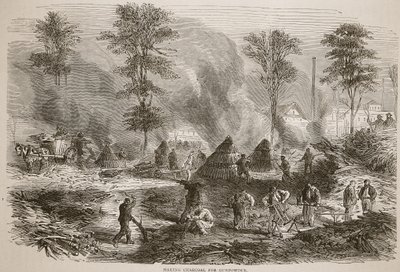 Produzione di carbone per polvere da sparo, illustrazione da Cassells History of the War between France and Germany, 1870-1871 da French School