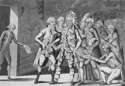 Uomo in assegnati:... gruppo di deputati in cerca di un Brissoter (Jacques Pierre Brissot de Warville 1754-1793) Anonimo. Stampa. 1791 da French School