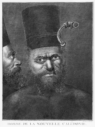Uomo della Nuova Caledonia, illustrazione dal Secondo Viaggio del Capitano James Cook, inciso da Benard (XVIII secolo) 1774 da French School