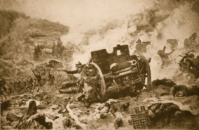 Uomo contro uomo finalmente! Fanteria francese che insegue una batteria tedesca in fuga in una valle battuta dalla pioggia dell