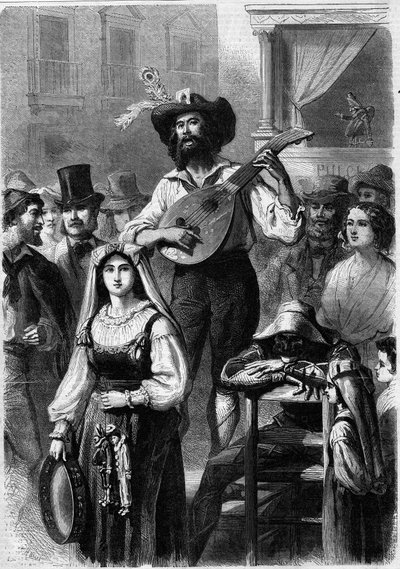 Suonatore di mandolino in una strada in Italia da French School