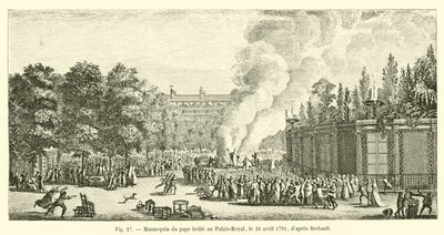 Manichino del papa bruciato al Palais-Royal, il 16 aprile 1791, secondo Bertault da French School