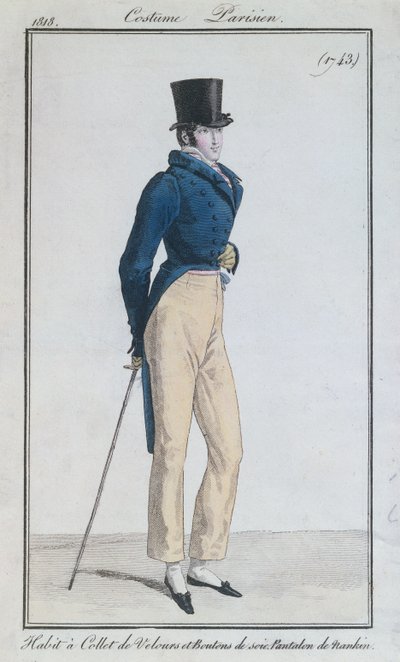 Abito da uomo con colletto di velluto, bottoni di seta e pantaloni di nanchino, 1816 da French School