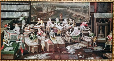 Fabbricazione di carte da gioco in una casa in Place Dauphine (disegno per un ventaglio, gouache su carta, c.1680) da French School