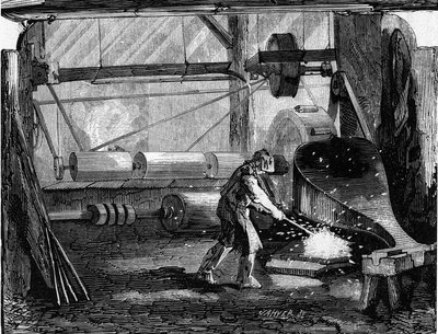 Fabbricazione di cannoni per fucili: le strisce di ferro sono rosse. Incisione in "Le Monde Illustré" n.35 del 12 dicembre 1857. da French School