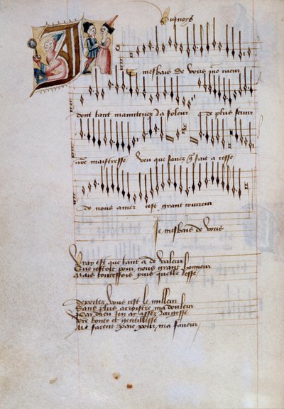 Pagina di manoscritto di una raccolta di spartiti di canzoni francesi. 15° secolo da French School