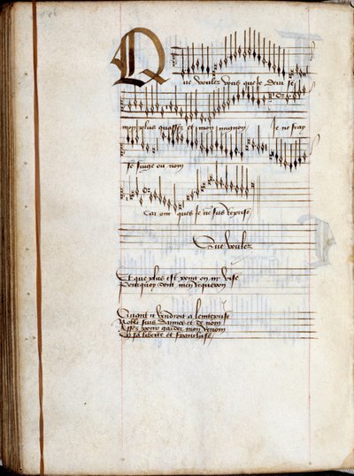 Pagina di manoscritto di una raccolta di spartiti di canzoni francesi. 15° secolo da French School
