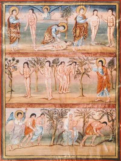 Pagina di manoscritto che rappresenta episodi della vita di Adamo ed Eva: creazione di Adamo ed Eva. Il peccato originale. Espulsione dal Paradiso da French School