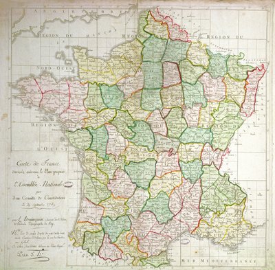 Mappa della Francia che mostra i piani per dividere i dipartimenti, 1789 (litografia a colori e inchiostro) da French School
